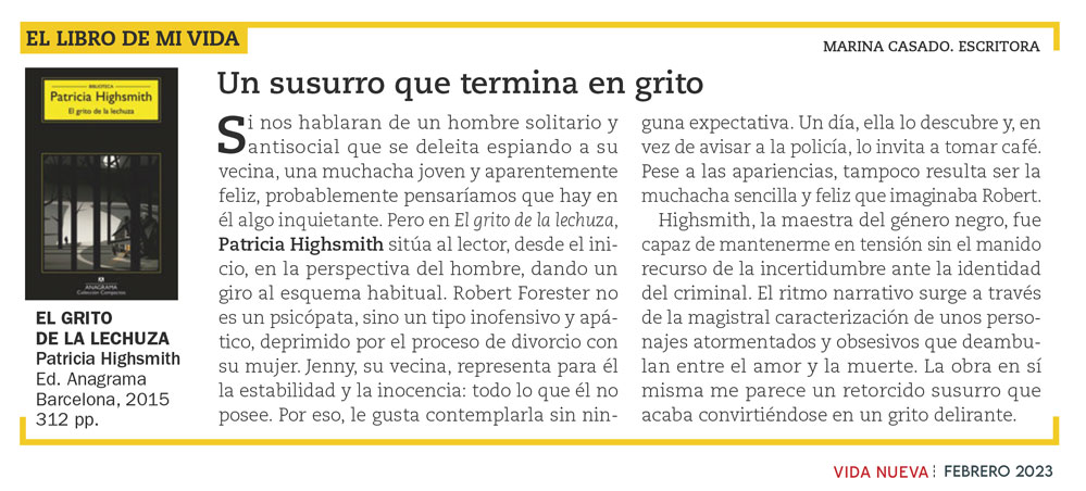 Marina Casado recomienda a Patricia Highsmith. Revista Vida Nueva