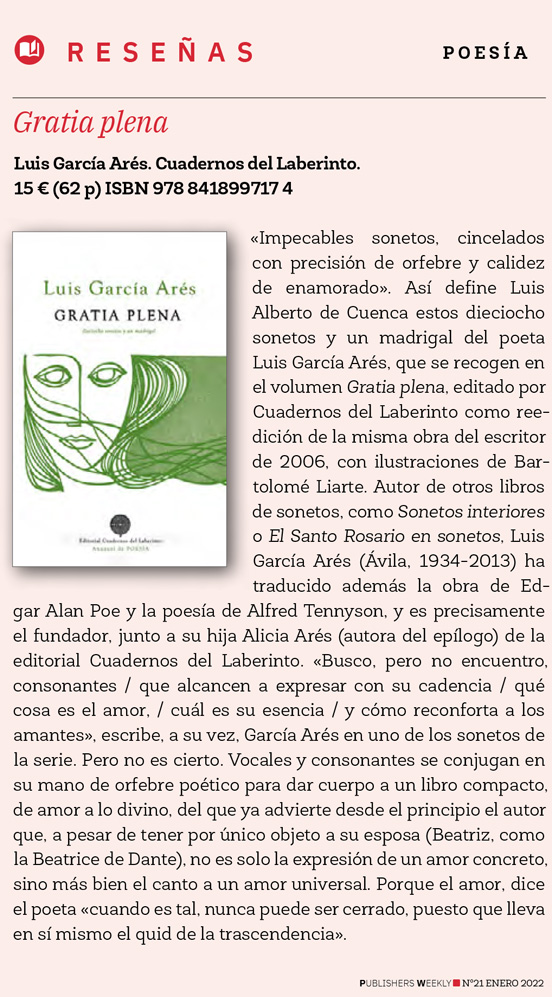 Luis García Arés. Gratia plena.  Reseña en Publishers Weekly en Español., por Carlos Aganzo